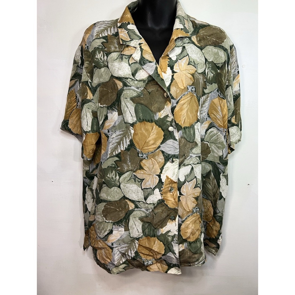 Vtg Silk Button Up Quo Silk Leaf Nature Green Office Teacher Casual Large Cozy
